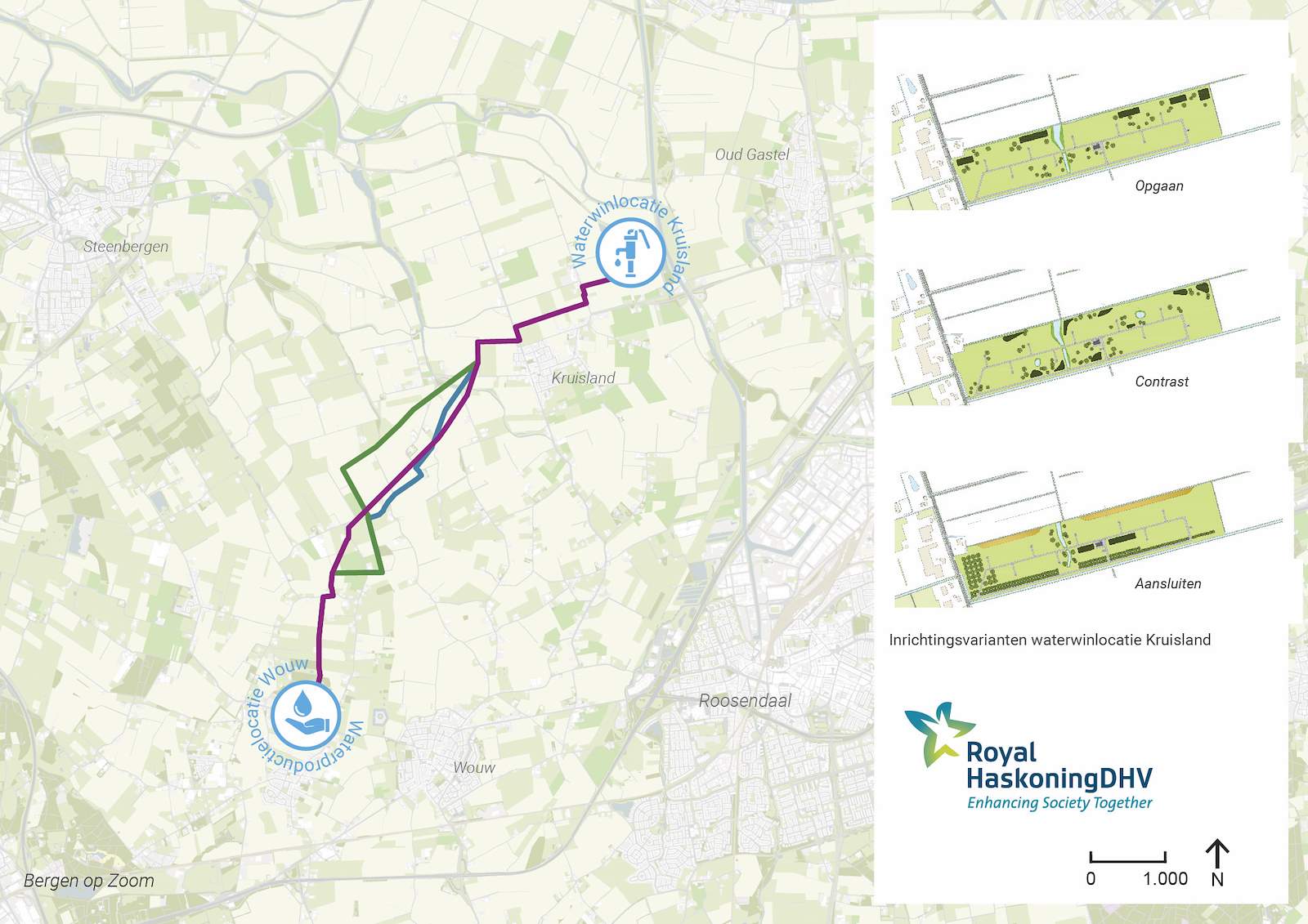 De afbeelding toont de nieuwe waterwinlocatie bij Kruisland met drie varianten voor de inrichting van het winveld en drie varianten voor de transportleiding naar de waterproductielocatie in Wouw